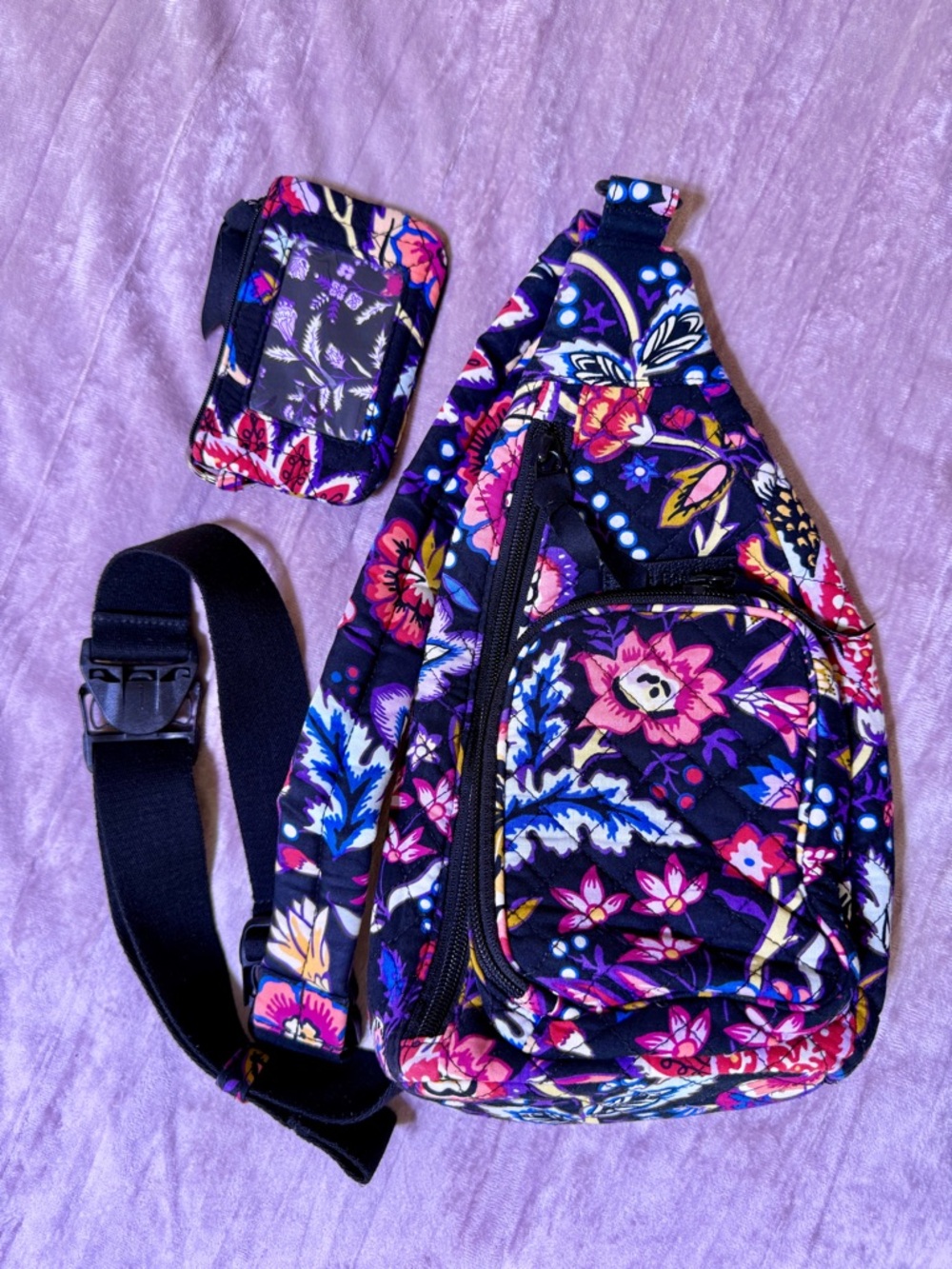 Vera Bradley Black Floral Quilted Small Crossbody Sling with Card Case